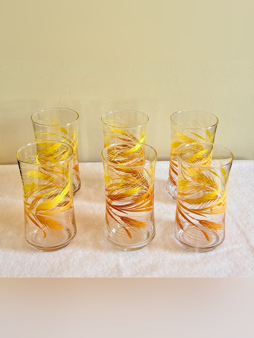 Libbey Glasses with Yellow and Orange Feather Motif - Set of 6